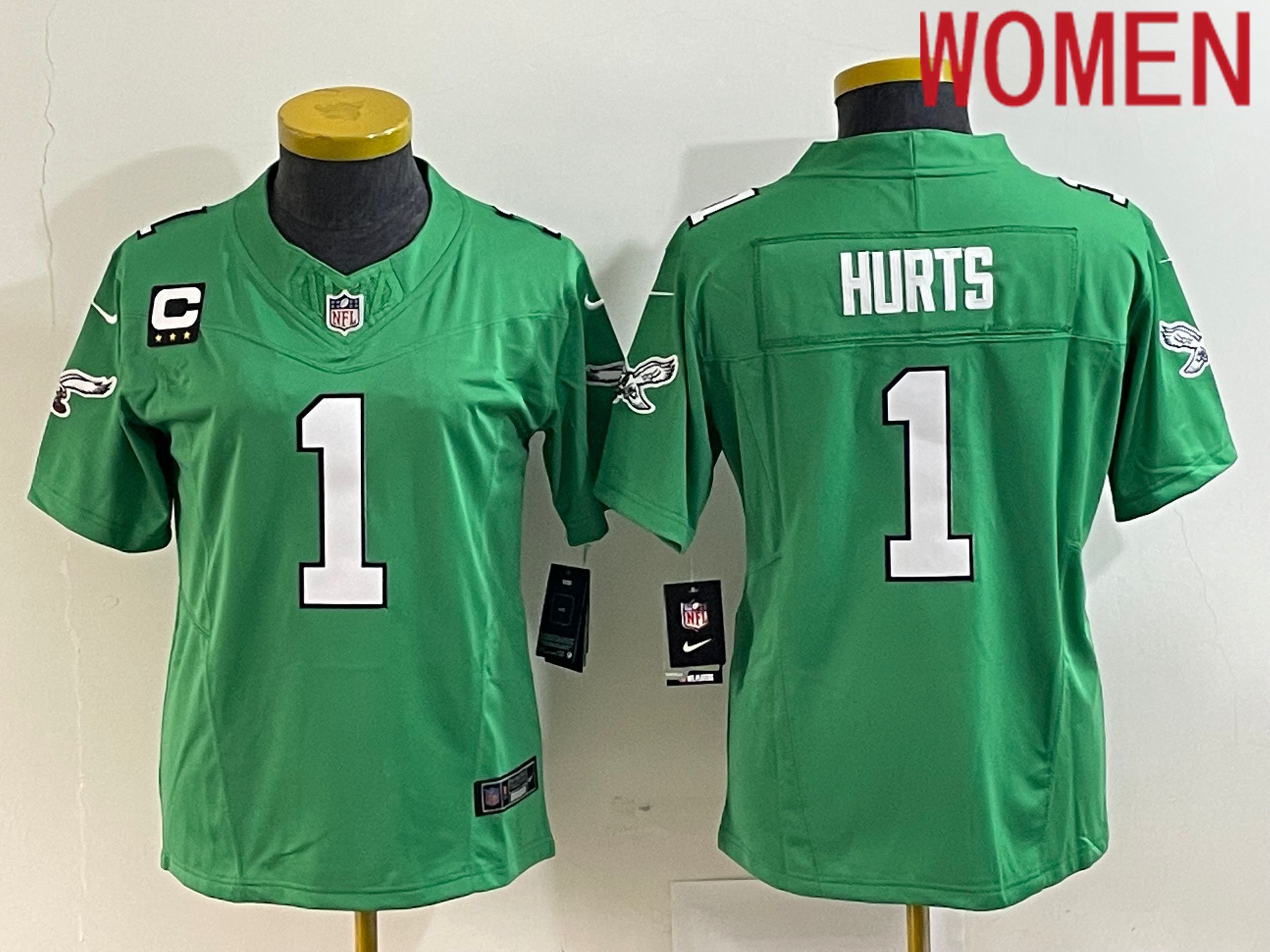Women Philadelphia Eagles 1 Hurts Green Nike Throwback Vapor Limited NFL Jerseys